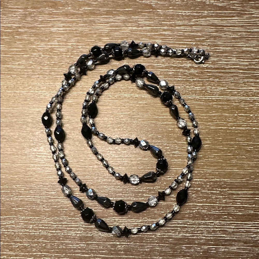Vintage Avon Black Glass Beaded Station Necklace Silver Tone Long